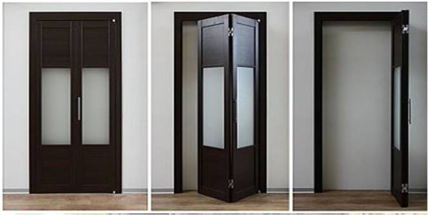 Шпонированные двери гармошка с матовыми стеклянными вставками Азов
